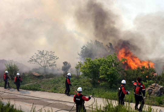 삼척 늑구리 위협하는 산불       (삼척=연합뉴스) 7일 소방당국이 강원 삼척시 도계읍 늑구리 일대에서 산불 진화를 하고 있다. 2017.5.7 [삼척시 제공=연합뉴스]      byh@yna.co.kr  (끝)